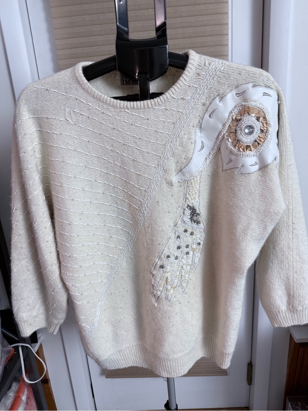 Vintage 80s Cream asymmetrical Embellished Crewneck Sweater Bead & Sequin Detail